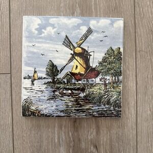 Vintage Delft Windmill Colorful Hand Painted Polychrome Tile Plaque Holland‎ 6"